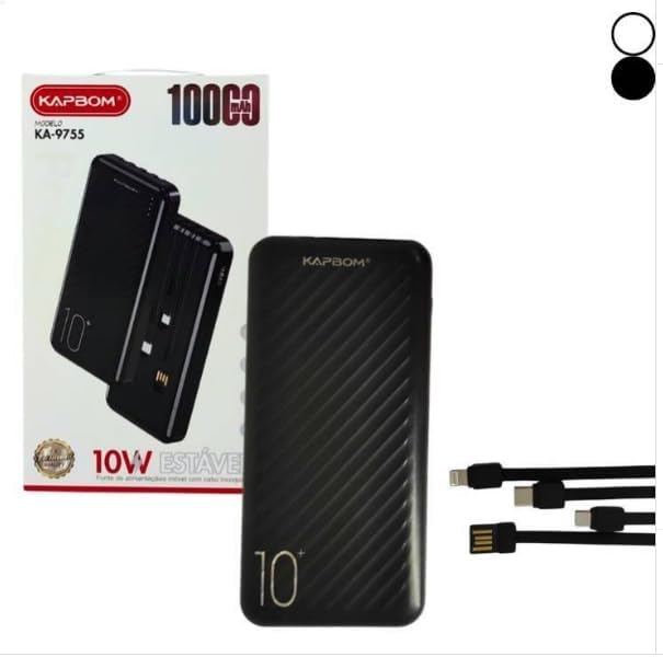 Power Bank 10000mAh com 4 Cabos Integrados, 10W, Carregador Portá...