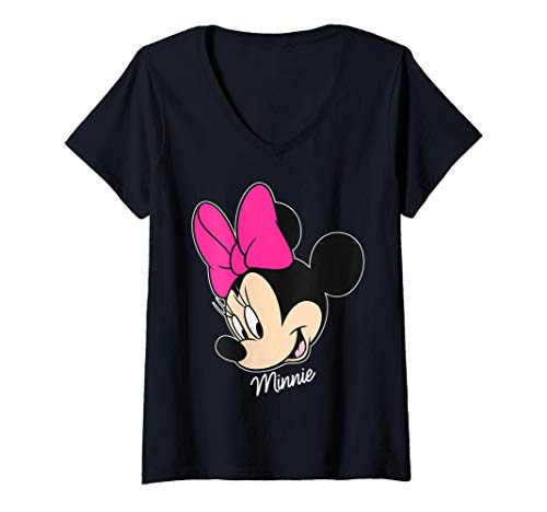 Femme Disney Mickey And Friends Minnie Big Face Signature T-Shirt avec Col en V