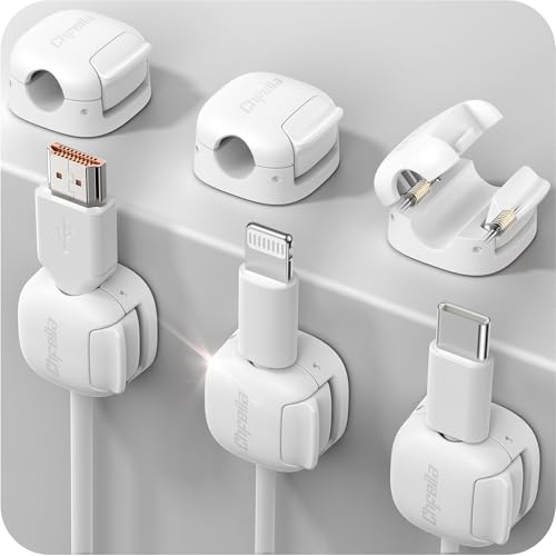 6Pack Cord Organizer, Chfeila Compact Dual Spring & Clasp Lock Cable Management Clips, Adhesive Phone Charger Keeper, Wire Holder for Nightstand/Wall/Car, Home Office Desk Accessories Decor Essentials
