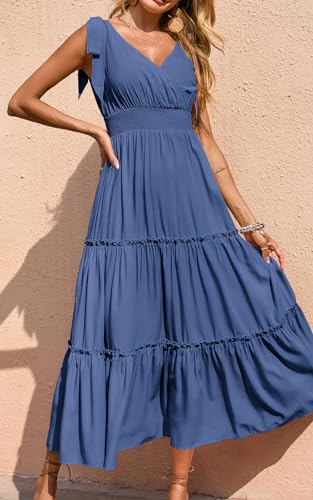 Image of PRETTYGARDEN Women's Cross Neck Summer Sleeveless Tiered Maxi Dress Beach Tie Strap Smocked Long Dresses Pleated Sundress