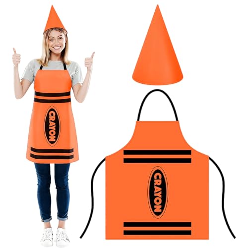 QINQINZIJIN 2 Pièces Costume de Crayon, Tablier de Crayon de Couleur et Chapeaux Cône de Nain Amusants, Costume pour Adulte, Costumes Amusant pour Carnaval, Cosplay, Halloween (Orange)