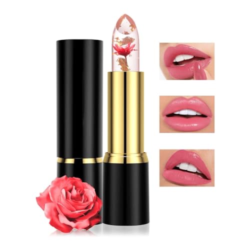 Flower Jelly Lippenstift, Farbwechselnder Lippenstift Rosa Mit Temperaturwechsel, Natürlich Pflegend Clear Lippenbalsam mit Farbe Nicht verblassender Lipstick, Lippenpflege
