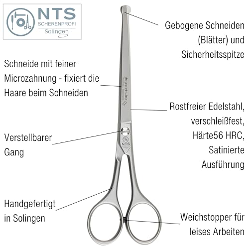 Hochwertige Hundeschere/Fellschere von NTS-Solingen 18 cm lang, matte & gebogene Ausführung, aus rostfreiem Edelstahl - Pfotenschere Hundefellschere Hundeschere mit Sicherheitsspitze