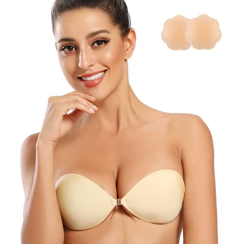 Niidor Sticky Bra Adhesive Bra Reusable Strapless Self Adhesive Backless Bra Invisible Push up Silicone Bra for Women Lycra Fabric Nude(E Cup)