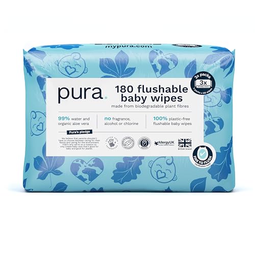 Pura Salviette Bagnate Detergenti, 180 Salviette (3 x 60 Salviette), 99% Acqua, 100% Senza Plastica, Adatte per Pelle Sensibile e Senza Profumo, Aloe Vera, Neonati, Biodegradabili, Vegan