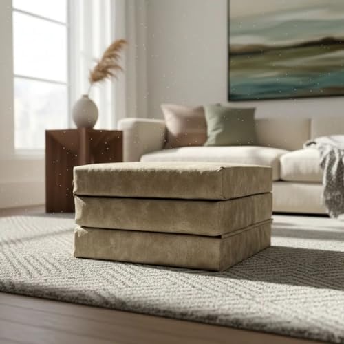 Puff Multiuso Dobrável 3 em 1, Sofá Cama Solteiro, Tecido Courino, 180x60x30 cm, impermeável, Bege