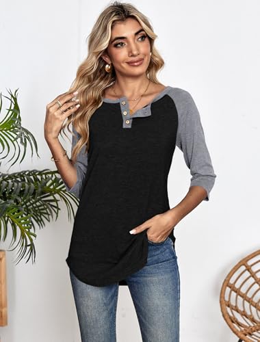 Halife Women's Casual 3/4 Sleeve T Shirts Button V Neck Tunic Blouses Color Block Basic Tee Tops Loose Fit Summer Shirt2