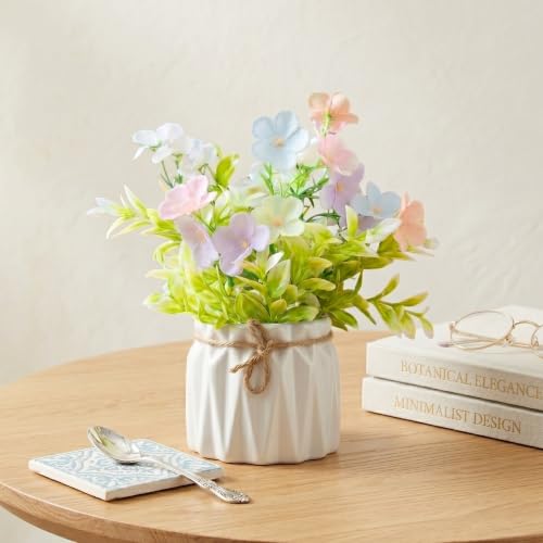 Image of Dekorly Artificial Lavender Plant in White Pot, 18cm - Realistic Faux Flower Arrangement for Home & Office Decor (Set of 1) (1, Jasmin Flower)