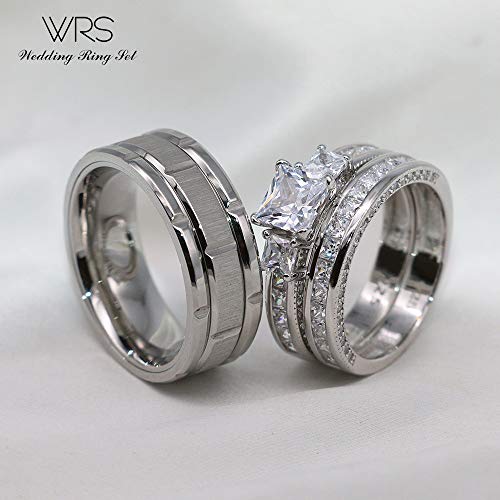 His Hers Wedding Ring Sets Couples Matching Rings Women's 10k White Gold Filled Square CZ Wedding Engagement Ring Bridal Sets & Men's Tungsten Carbide Wedding Band3