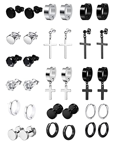 16Pares Pendientes Aros Hombre Acero Inoxidable Pendientes Aro Punk Colgantes Cruz Pendiente Aros Hombres Aretes Punk Kpop Huggie Pendientes Conjunto de Pendientes para Hombres y Mujeres Cover