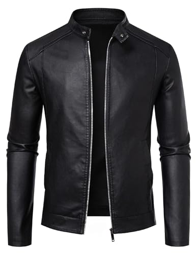 Leather Jackets for Men Faux Leather Stand Collar Motorcycle Bomber Jacket