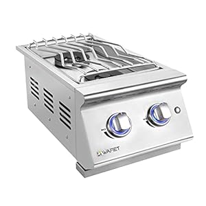 WAFIET Double Grilling Side Burners for Outdoor Kitchen BBQ Grill Island, 15,000BTU Built-in Liquid Propane& Natural Gas Side Burner with Lid& Drip Tray,Solid 304 Stainless Steel, LPG/NG Convertible