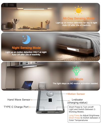 Under Cabinet Lighting,Rechargeable Motion Sensor Light Indoor with Hand Wave Sensor, 3 Color Temps,2Pack Magnetic Dimmable Closet Lights,Wireless Under Counter Lights for Kitchen, Stairs,Hallway — view 5