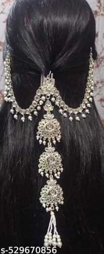 Image of Traditional Jhumar Hair Accessory, Silver Tone, Pearl Beads, Floral Design, Bridal Jewelry