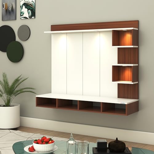 Image of Anikaa Kirina Engineered Wood Wall-Mount TV Unit with PVC Back Panel & LED Lights | TV Cabinet with Storage Box & Decorative Shelves (Walnut /White) | Ideal for TVs up to 55 Inch | DIY Installation