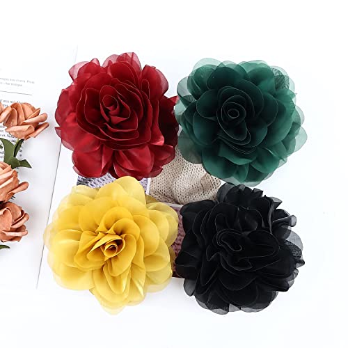 Cinaci 4 Pack Large Red Yellow Green Black Rose Flower Plastic Hair Claws Clips Big Chiffon Flower Bows Jaw Barrette Clamps Floral Ponytail Holder Bun Decorative Fancy Hair Accessories For Women Girls #TOP5