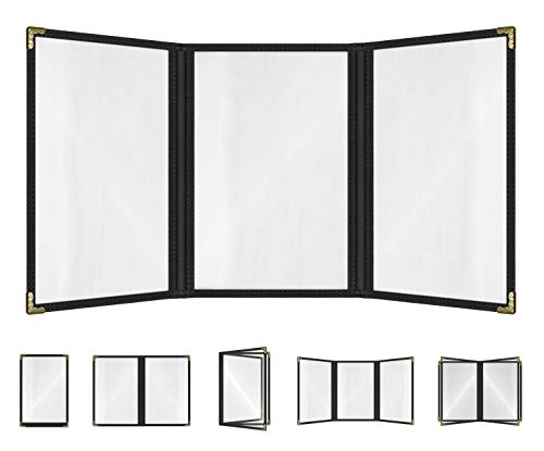 Goodsmart Restaurant Menu Covers – 25 Pack Black 6-View Trifold 5.5" x 8.5", Side-Loading Vinyl &amp; Plastic Menu Holders, Clear Menu Sleeves, Leather-Style Café Covers with Gold Corners