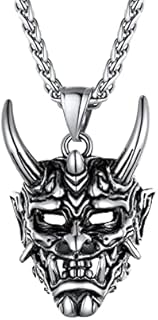 U7 Demon Skull Punk Pendant Necklace, Customized Text Available, Stainless Steel Chain/Leather Cord Rope, Silver/Gold/Black Plated, Gothic Halloween Jewellery