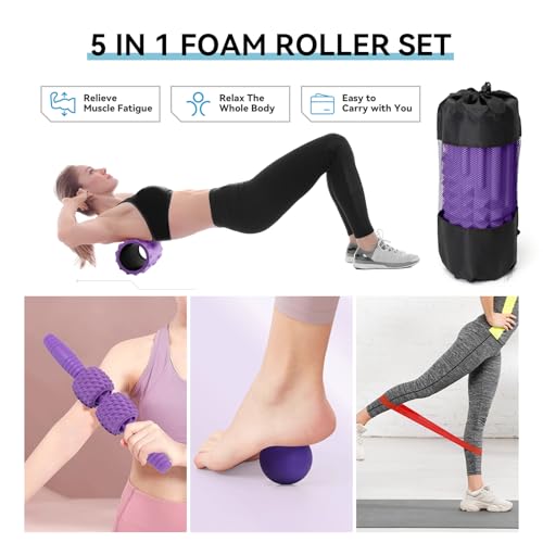 Zmarthumb 5 in 1 Foam Roller Set, High Density Fitness Exercise Foam Roller for Deep Tissue Muscle Massage, Massage Roller, Massage Ball, Resistance Band, for Whole Body(Purple) by Zmarthumb - Image 7