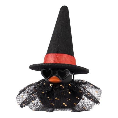 wonuu Car Dashboard Witch Black Rubber Ducks for Halloween, Decorations Duck for Office Desk Ornament Accessories with Hat Glasses Skirt, Red