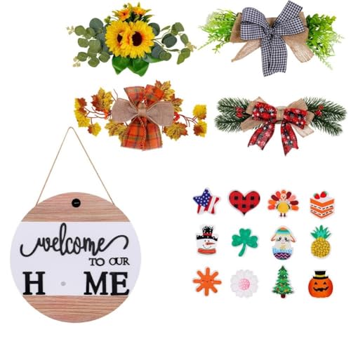 URPIZY - URPIZY DIY Weihnachtskranz Willkommenstafel für Haus, Ferien und Bauernhaus – wechselbare Saison-Dekoration mit einfachem Aufhängen, 29,5 cm Durchmesser