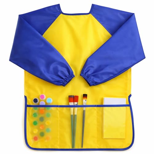 Apausvcm Waterproof Kids Painting Apron with Long Sleeves and 3 Pockets - Toddler Art Smocks for Painting Artists Age 2-8 Years (Yellow and Blue)
