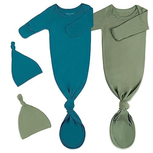 Image of 2Pk Newborn Baby Knotted Gown, Super Soft Silky Infant Long Sleeve Sleeper for Baby Sleeping with Hat Green & Blue Green(2 Packs 0-3 Months)