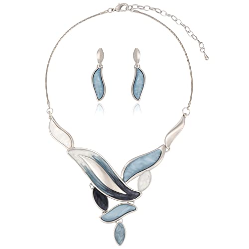 Vintage Leaf Jewelry Set For Women - Unique Grey Blue Chunky Statement Floral Resin Plant Aesthetic Fashion Costume Bib Collar Necklace Set For Bride Bridesmaid Wedding Prom Party Birthday Gift #TOP20