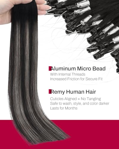 Image of Moresoo 24 Inch Micro Link Hair Extensions Human Hair, Black to Silver | 50g 50 strands, long straight texture, smoky silver balayage, cosplay, photoshoots, vacation styling