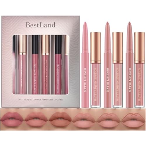 6Pcs Matte Liquid Lipstick and Lip Liner Set, Lip Combo Sets (Nudes)
