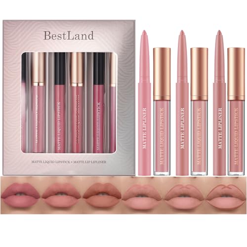 6Pcs Matte Liquid Lipstick and Lip Liner Set, Lip Combo Sets (Nudes)