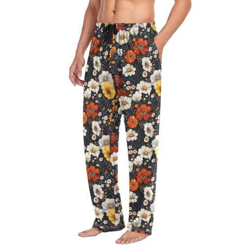 Mens Pajama Pants Boho Floral Print Soft Lounge Sleep Pj Bottoms with Drawstring Pockets4