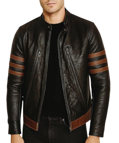 Mens Lambskin Leather Wolverine Style Jacket Retro Brown Look Real Leather Outerwear (Leather L)