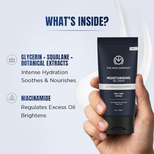 Image of The Man Company Moisturising Gel Cream for Men | 80 ml | With Niacinamide, Glycerin & Squalane | Lightweight Oil-Free Face Moisturizer | 24-Hour Hydration | Controls Excess Oil | Non-Sticky Formula | Strengthens Skin Barrier | All Skin Types