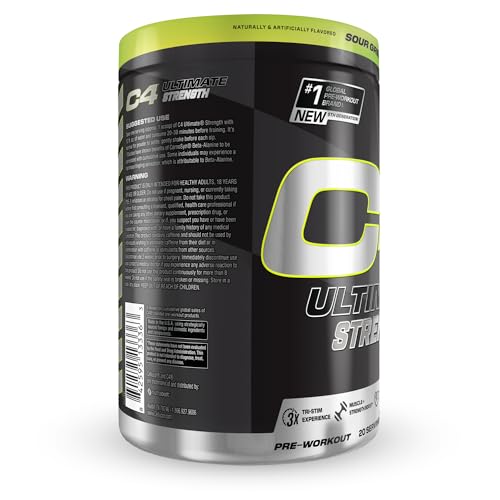 Image of Cellucor C4 Ultimate Strength Pre Workout Powder - Tri-Stim Experience 300mg Caffeine+TeaCrine+Dynamine - Creatine & Beta-Alanine - Energy Supplement for Men & Women - Sour Green Apple, 20 Servings