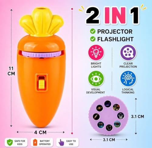 Image of Kids Projection Flashlight Torch Toy with 24 Picture Slides (3 Discs), Mini Projector Torch for Toddlers, Educational Light Toy for 1-3 Year Old Boys & Girls (Carrot Projector)