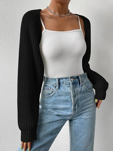 LOFAAC Women Open Front Long Sleeve Crop Cardigan Sweater Casual Solid Drop Shoulder Knitted Bolero Shrug Crop Cardigan4