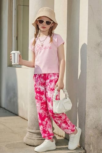 Image of Arshiner Girls Clothes 2 Piece Summer Outfits Drop Shoulder Top Pullover Sweatpants Jogger Set Sweatsuits Tracksuits 6-14Y