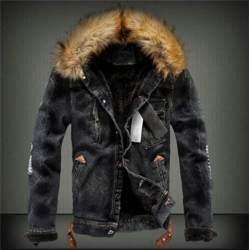 Wjnvfioo Autumn Winter Mens Casual Denim Jacket With Fur Collar Retro Ripped Fleece Jeans Jacket And Coat3