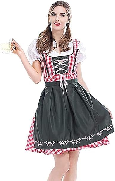 HAPNBCELE Disfraz alemán para Oktoberfest para mujer, vestido tirolés adelgazante, a cuadros, disfraz bávaro de Mardi Gras, fiesta de Mardi Gras (cuadros verdes militares, S)