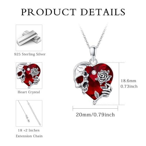 Image of S925 Sterling Silver Skull Pendant Necklace Heart Crystal Birthstone Skull Necklace Gothic Jewlery Gifts