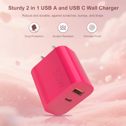 Image of Aolcev for iPhone Charger Fast Charging 2 in 1 USB A USB C Charger Block 30W Cute Type C Fast Charging Blocks for iPhone 17 16 15 14 13 for iPad USB C Charging Adapter for Galaxy S26 S25 S24 Rose Pink
