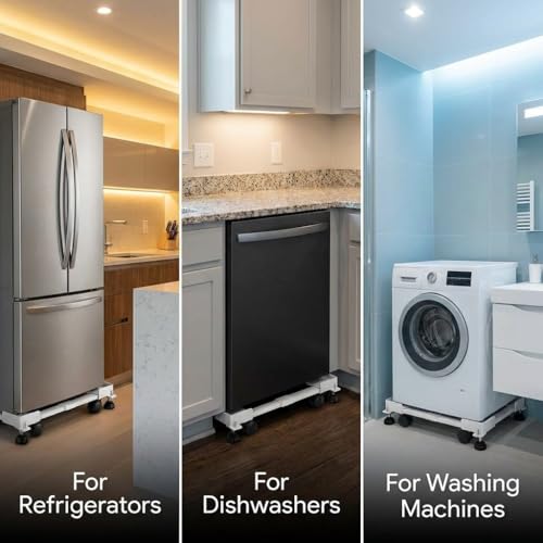 Image of Hipkoo Washing Machine Trolley for Fully and Semi Automatic, Front or Top Load, Fridge and Dishwasher Stand, Adjustable Metal and Wheels, Capacity 170Kg, White (Min:16.5 inchx19.5 inch, Max: 25.5 inchx32 inch)