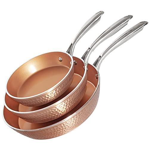 Comparison: Best Copper Hammered Pans 9 Gotham Steel Hammered Frying Pan Set, 3 Piece Nonstick Copper Fry Pans, 8”, 10” & 12” Skillet, Omelet Pan, Cookware, PFOA Free, Dishwasher Safe, Cool Touch Handle