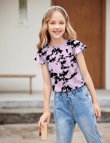 Image of Girls T Shirts Ruffle Short Sleeve Round Neck Loose Blouse Summer Solid Color Casual Girl Tee Tops for 3-12 Years