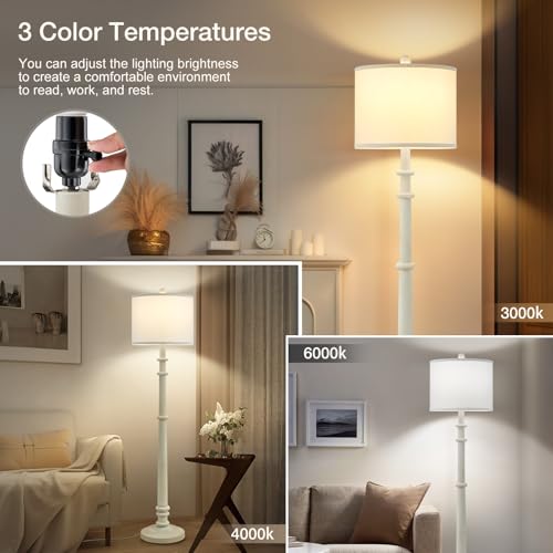 Image of Floor Lamps for Living Room - 60 inch Farmhouse Floor Lamp with Adjustable Color Temperatures - Vintage Standing Lamp Reading Light with Linen Shade Retro Tall Lamp for Bedroom Office, Almond White