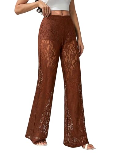 RoseSeek Womens Y2K Floral Lace See Through Pants Sheer Straight Leg Long Pants Club Wear Coffee Brown Large