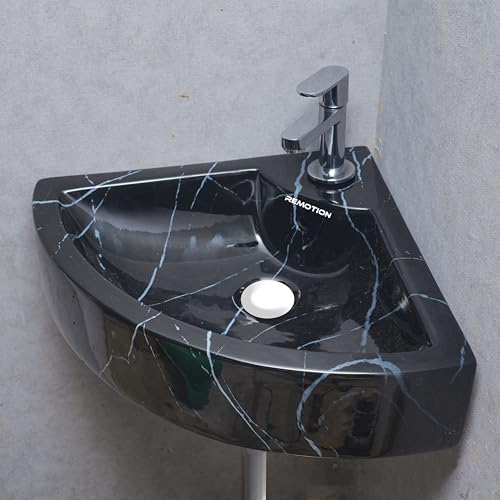 Image of REMOTION Ceramic Wall Hung Corner Wash Basin for Bathroom | Wall Mounted Corner Sink (20.4 x 15 x 6 Inch) (Black White Stripe)