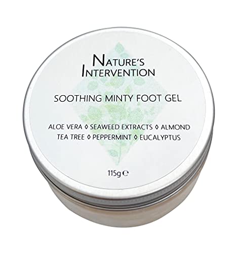 99% Naturel GEL APAISANT pour les PIEDS - ALOE VERA, MENTHE, ARBRE DU THÉ & EUCALYPTUS - 125g par NATURE'S INTERVENTION. Gel Hydratant et Apaisant aux Extraits Botaniques. Non Gras, Facile à Appliquer Cover
