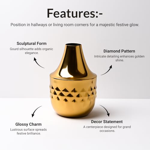 Image of Market99 Decorative Metal Flower Holder |Glossy Texture Golden Gourd-Shaped Vase with Diamond Design |Ideal Centerpiece for Home, Office, Events & More |Combines Festive Shimmer and Classy Design